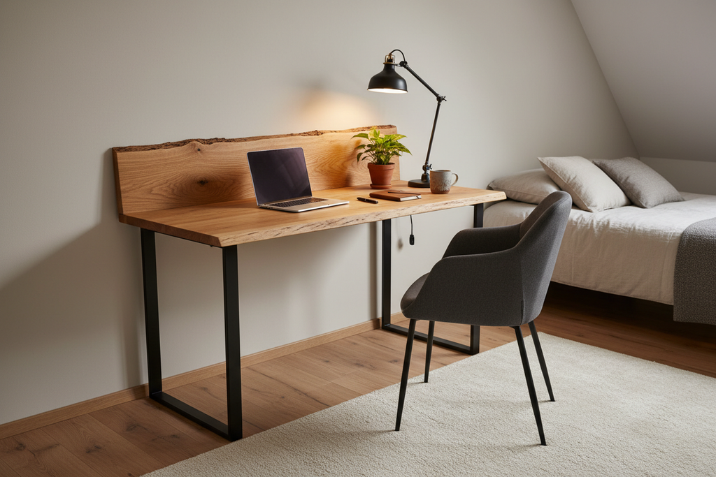 Bespoke live edge oak desk against wall with black metal painted legs on a rug