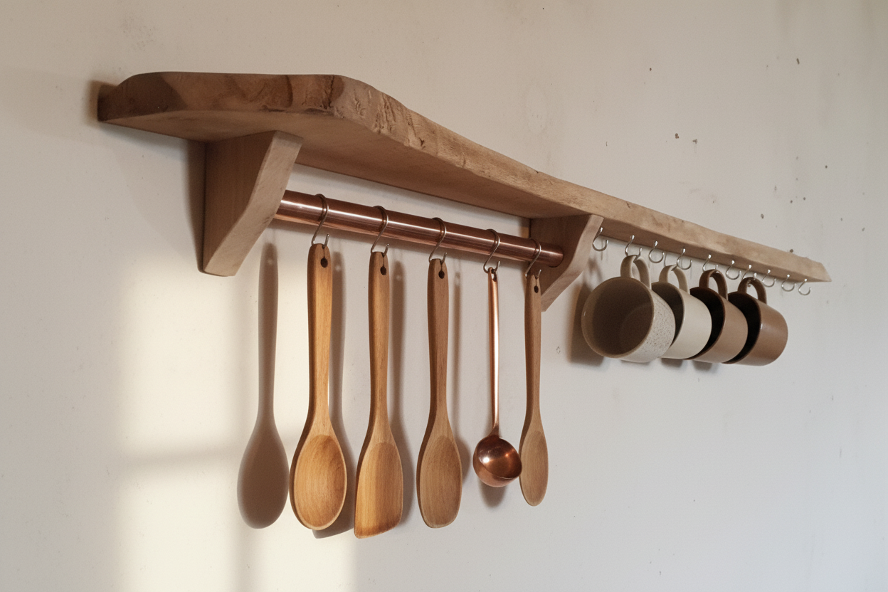 Live Edge Oak Shelf with Copper Rail and Brass Hooks