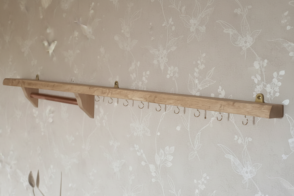 Live Edge Oak Shelf with Copper Rail and Brass Hooks