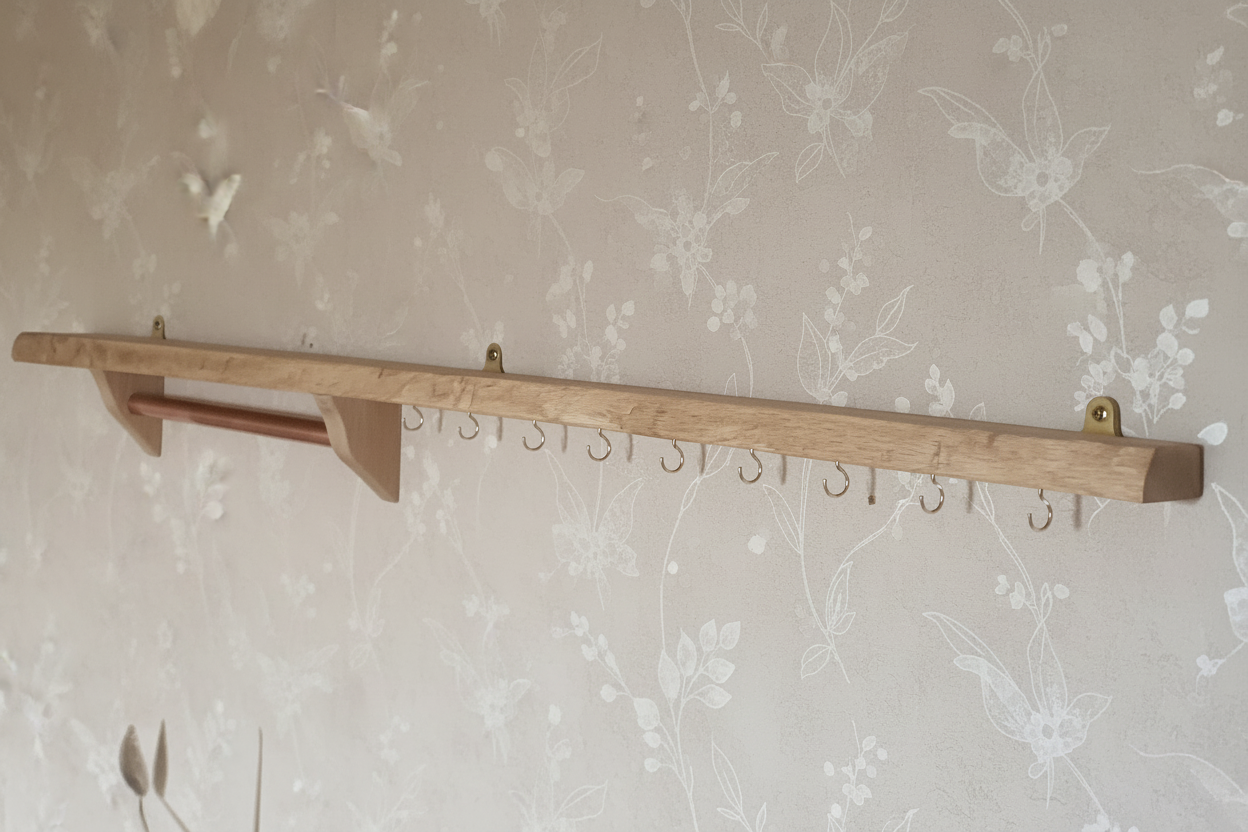 Live Edge Oak Shelf with Copper Rail and Brass Hooks