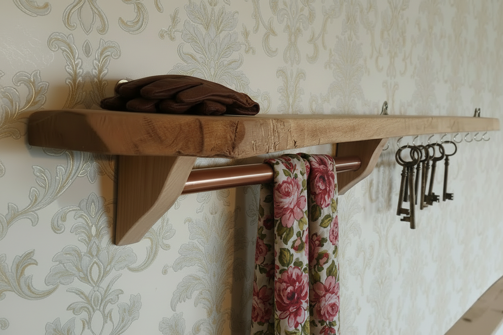 Live Edge Oak Shelf with Copper Rail and Brass Hooks